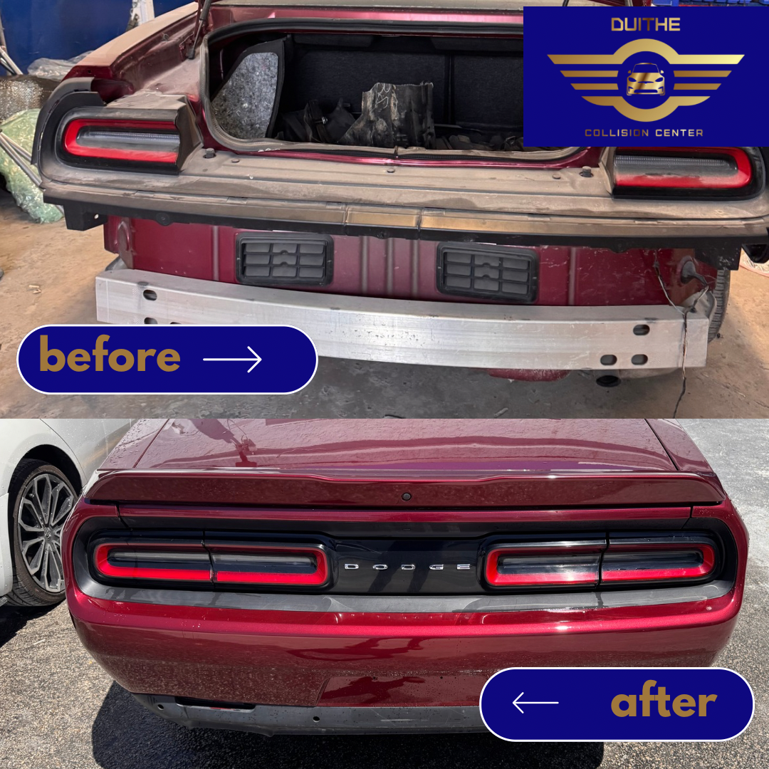 Before and after trunk collision repair on Dodge in Pompano Beach