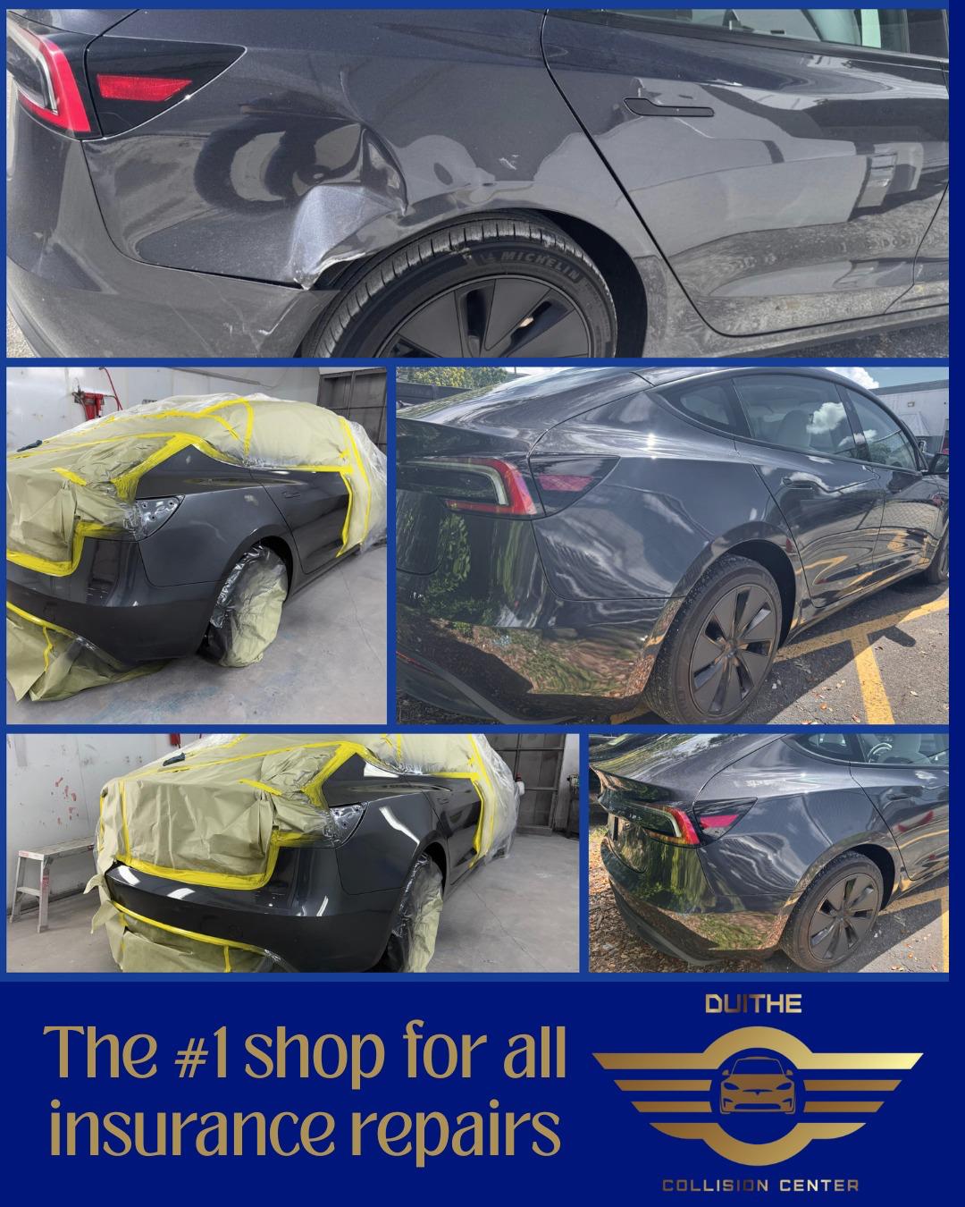 Before and after collision repair on Tesla in Pompano Beach