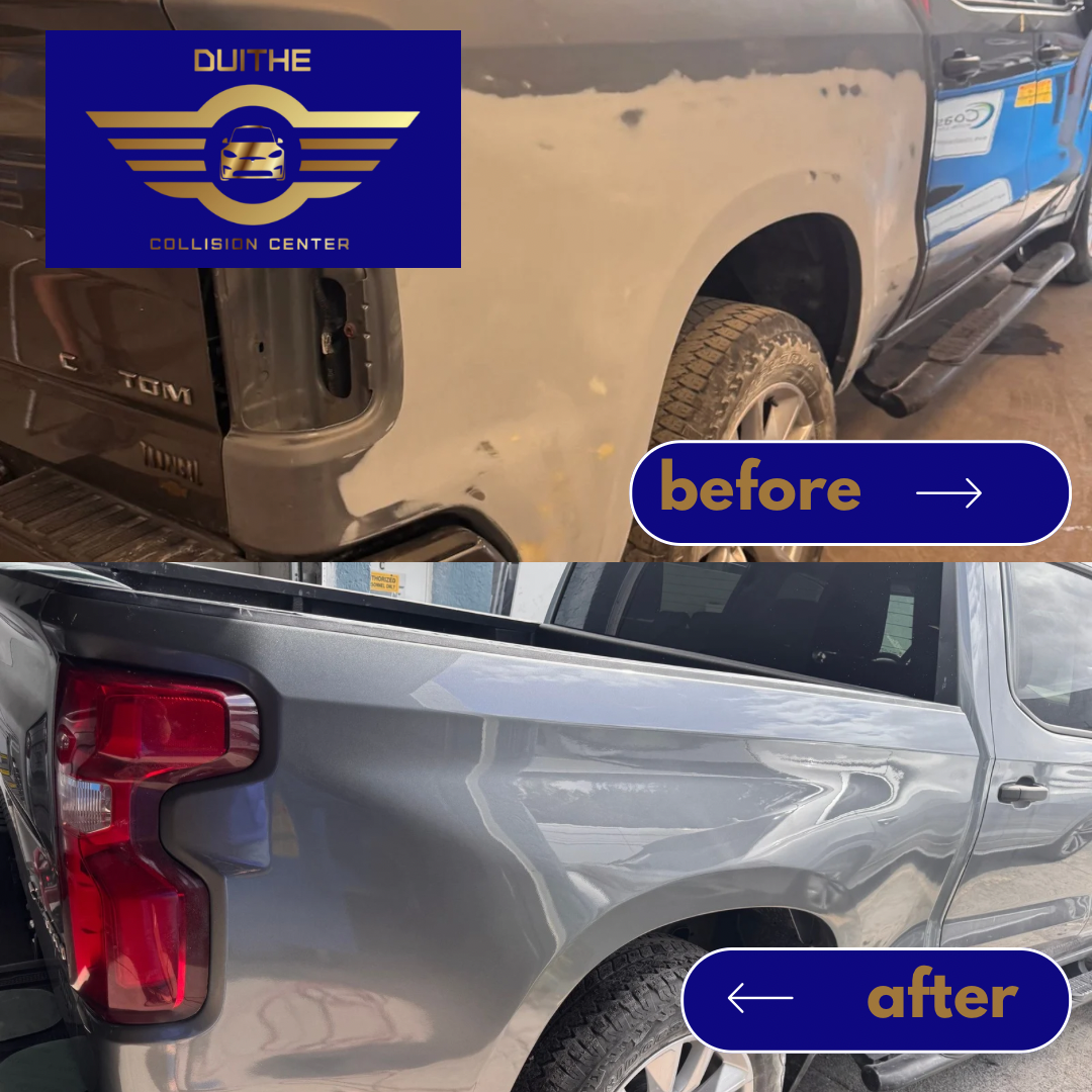 Before and after bedside panel repair on pickup truck in Pompano Beach